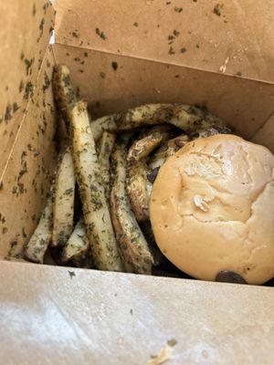 Fries with Brazil nut mushroom cheese burger  at Green Street Eatery in Levittown