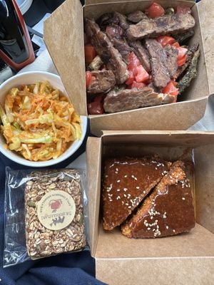 (top left to right) Slaw, Bacon Ranch Fries (no Ranch or green onion), Tofu Bites (Sesame Ginger), Apple Cinnamon Granola Bar    at Green Street Eatery in Levittown