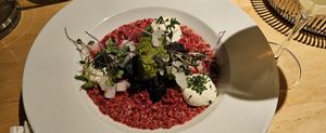 Roasted beetroots with buckwheat, kale humus at Restaurant Kuu in Helsinki