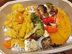 STAND UR GROUND (Ayurvedic Combo)
Blue pea basmati rice, cauliflower chickpea coconut yellow curry, paprika spiced pumpkin, roasted vegetables at Ahimsa Sanctuary in Central Singapore