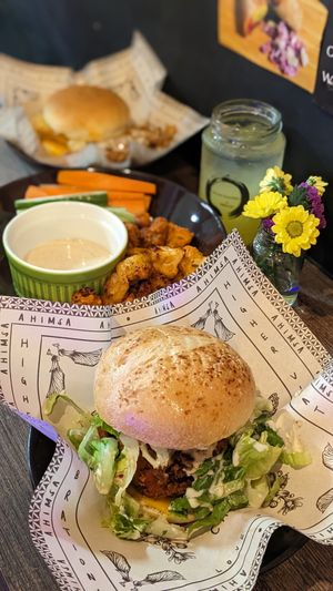 Vegan McSpicy, Fillet No Fish, Buffalo Cauliflower Pops, Lemonade at Ahimsa Sanctuary in Central Singapore