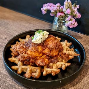 Vegan Hot Chick'n & Waffles at Ahimsa Sanctuary in Central Singapore