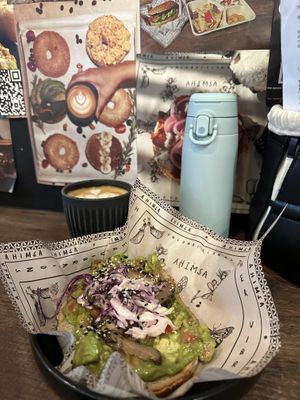 Sourdough with guacamole, purple slaw, added some mushrooms and latte with oatmilk. I like it!  at Ahimsa Sanctuary in Central Singapore