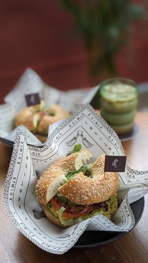 Vegan Pesto Control Bagel, Deluxe Bagel, Kopiko-ffee at Ahimsa Sanctuary in Central Singapore