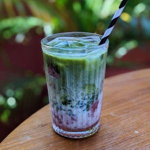 Vegan Strawberry Matcha Latte at Ahimsa Sanctuary in Central Singapore