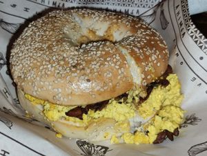 egg, bacon & cheese bagel at Ahimsa Sanctuary in Central Singapore
