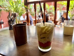 Strawberry matcha with pistachio. Delicious !  at Ahimsa Sanctuary in Central Singapore