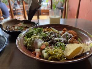 Grain bowl and aubergine dipper (back left)  at Ahimsa Sanctuary in Central Singapore