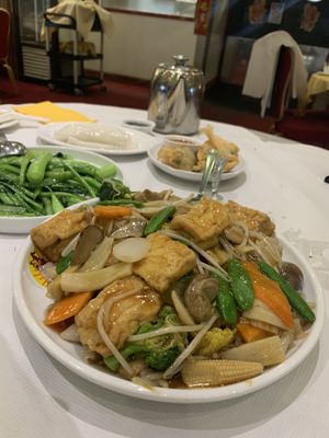 Ho fen with tofu and morning glory at Glamorous Chinese in Manchester