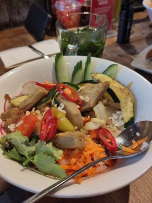 Rice bowl with vegan chicken at Pho in Lincoln