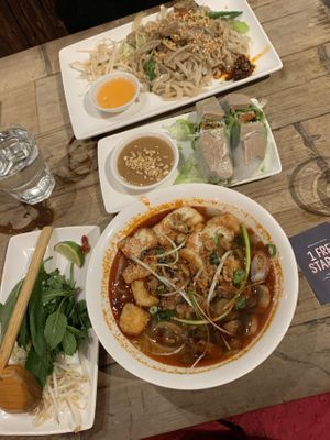 Hot & spicy tofu & mushroom pho, ‘This’ chikn summer rolls, ‘This’ chikn wok fried noodles. All vegan and gluten-free!!   at Pho in Lincoln