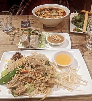 Hot & spicy tofu & mushroom pho, ‘This’ chikn summer rolls, ‘This’ chikn wok fried noodles. All vegan and gluten-free!!   at Pho in Lincoln