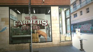 Store front at Farmers Veggies Butchers in Barcelona