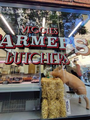 Outside of the store at Farmers Veggies Butchers in Barcelona
