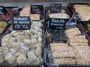 Seitan and Tofu products  at Farmers Veggies Butchers in Barcelona