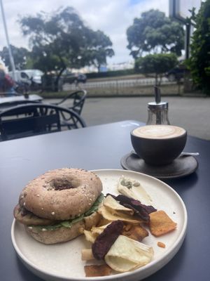Bagel vegano & café con leche aveno  at WE Sustainability Café in A Coruna