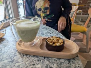 Peanut chocolate tart with matcha at Firefly's  in Lviv