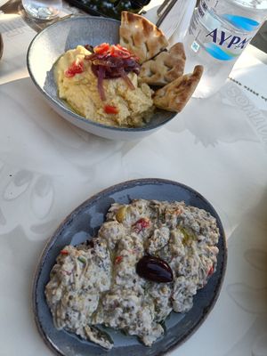 Fava beans vegan, Melitzanosalata not vegan at The Big Bad Wolf in Skiathos