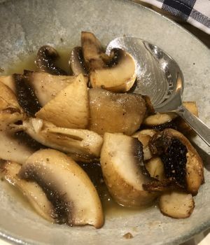 Mushrooms in garlic   at The Big Bad Wolf in Skiathos