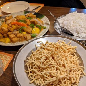 Mango tofu, side of rice, chow mein noodles at Chef Shangri-La in Riverside