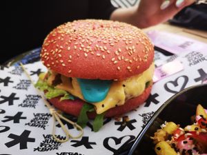 Daddy Burger, Heppi Rips Burger, TRUF Supreme Fries at Vegan Junk Food Bar - Cologne in Cologne