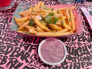 Fries and purple garlic dip  at Vegan Junk Food Bar - Cologne in Cologne