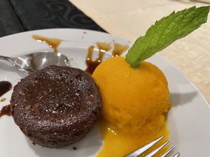 Chocolate cake and sorbet  at Louro & Salsa in Albufeira