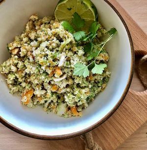 Raw cauliflower, carrot and broccoli cous cous with chilli and lemon  at Bean Vegetarian & Vegan Cafe in Blackburn
