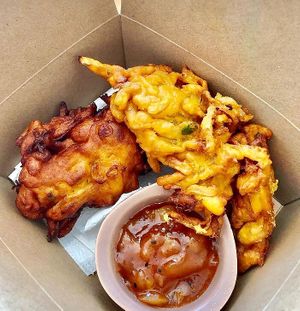 Onion bhajis and Fat Jax Bengal Pineapple Churney at Bean Vegetarian & Vegan Cafe in Blackburn
