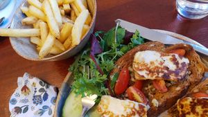 Chunky garlicky toast, with tomatoes and halloumi. at Bean Vegetarian & Vegan Cafe in Blackburn
