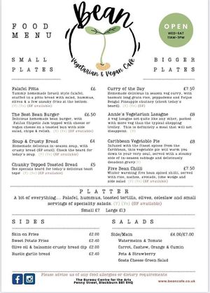 Sample menu. December 2021 at Bean Vegetarian & Vegan Cafe in Blackburn