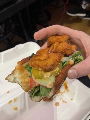 Po Boy served on hot dog bun.  at Plant Junkie Chicago in Chicago