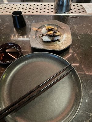 The eggplant sushi and pretty bar.  at Plant Junkie Chicago in Chicago