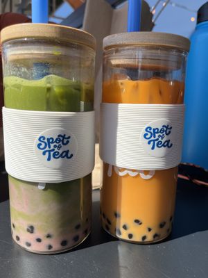 Strawberry matcha and Thai blossom (discount for using reusable cup!)   at Spot of Tea in Washington