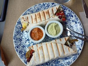 Bean burritos with vegan cheese at Shangri-La in Merida