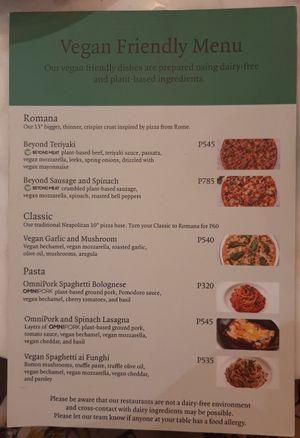 Vegan menu at Pizza Express in Mandaluyong