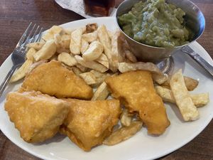 Tofish and chips £11.99 plus mushy peas £1.89!   at Papa's Fish and Chips in Cleethorpes