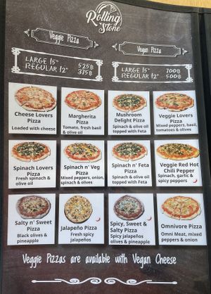 Veggie and vegan pizzas. All veggie pizzas can be made with vegan cheese. Veggie pizzas start at 375 baht, vegan at 500 baht.  at Rolling Stone Pizza in Hua Hin