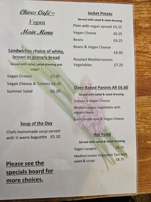 Vegan Menu at Chives Cafe in Watchet