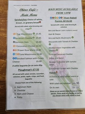 General Menu at Chives Cafe in Watchet