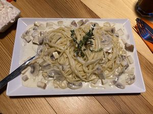 Vegane Spaghetti Carbonara at Glashaus in Bad Schoenborn