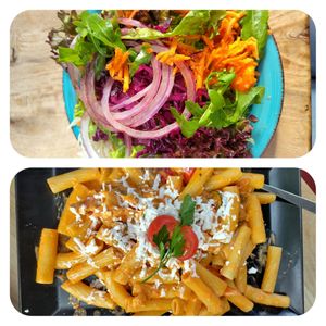 Beilagensalat und Pasta mit Grillgemüse in Tomatensoße mit veganem Rahm & Käse at Glashaus in Bad Schoenborn