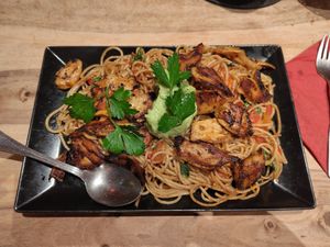 Spaghetti California mit veganem Hähnchenfleisch at Glashaus in Bad Schoenborn