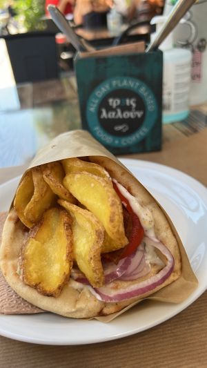 Homemade Vegan “meat” gyro  at Treis Laloun -Τρεις Λαλούν in Athens