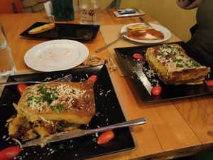 Pasticio, garlic bread, bruschetta pepper and moussaka at Treis Laloun -Τρεις Λαλούν in Athens