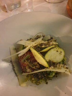 Zucchini and pickled watermelon starter with vegan parmesan at Le Jardin in Utrecht