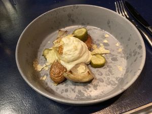 Potato, pickle and sour cream at Le Jardin in Utrecht