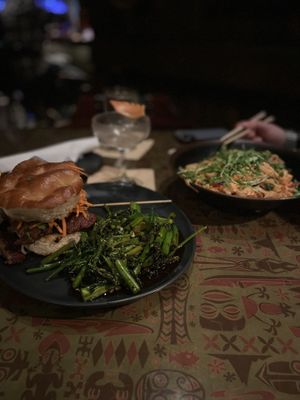 Vegan burger and vegan noodles  at Max's South Seas Hideaway in Grand Rapids