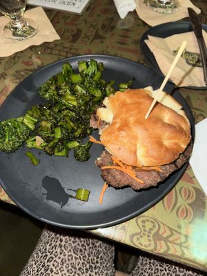 Vegan beyond burger was not even served warm…& seemed flavorless.. broccolini was very 🧂 salty… no bueno  at Max's South Seas Hideaway in Grand Rapids