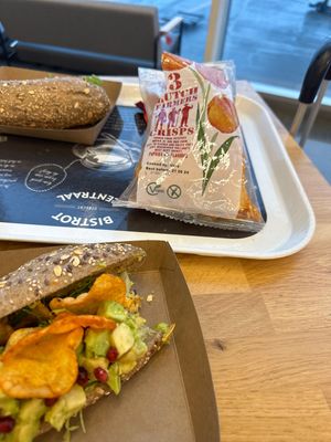 Really good vegan sandwich that tastes better with vegan Dutch crisps!  at AMS - Amsterdam Bread Company in Schiphol